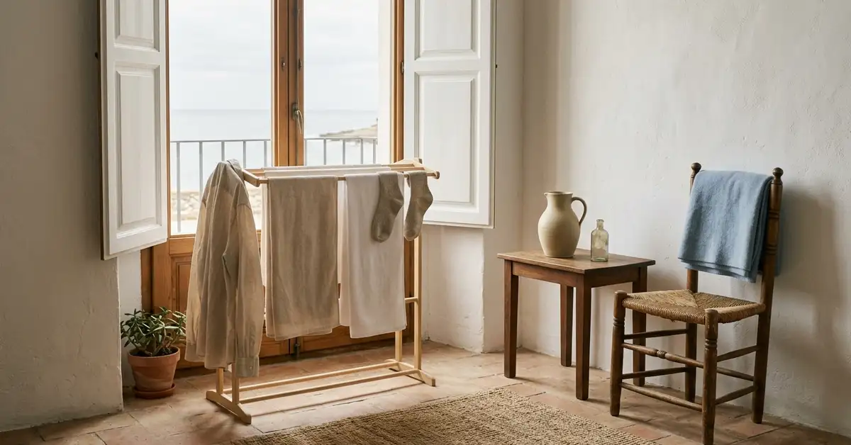 Salón luminoso con paredes encaladas y una ventana, cortinas de lino claro y ropa tendida en un tendedero junto a la ventana, con luz suave de invierno.